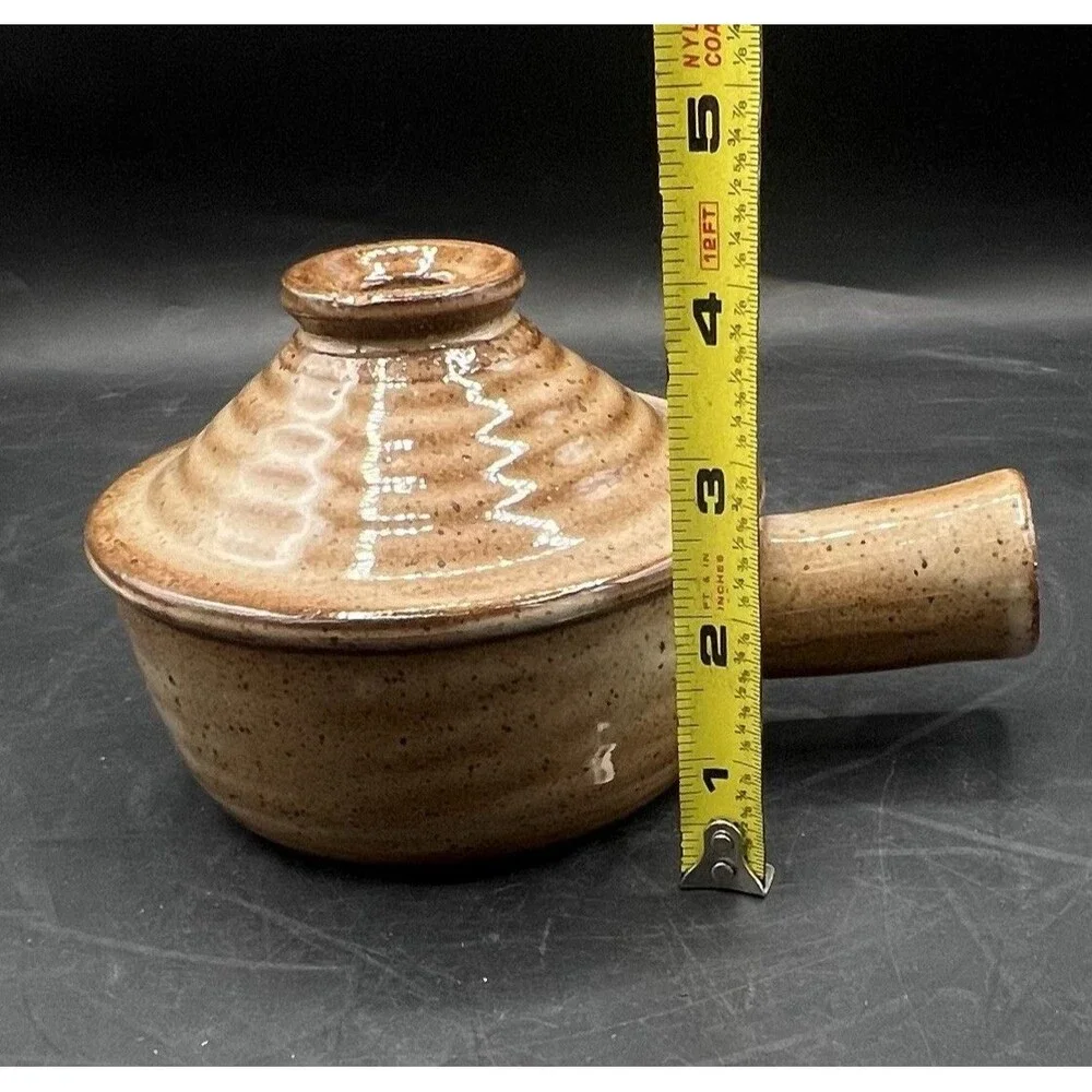 Vintage Brown Speckled Stoneware Soup Crock Bowl w Lid Side Handle Vented